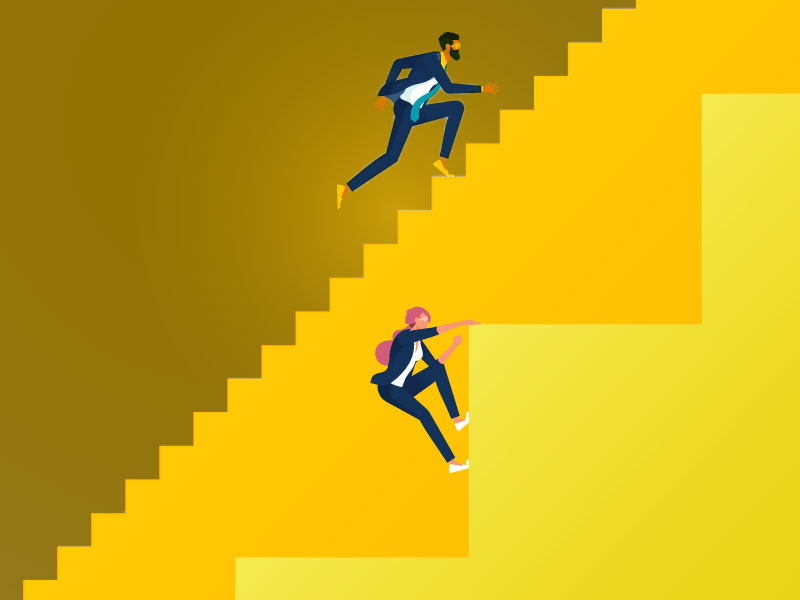 man and woman running up easy and difficult staircases