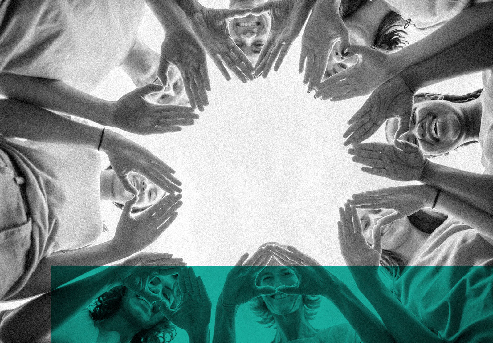 People stand in circle as community volunteers to show support and commitment to teamwork