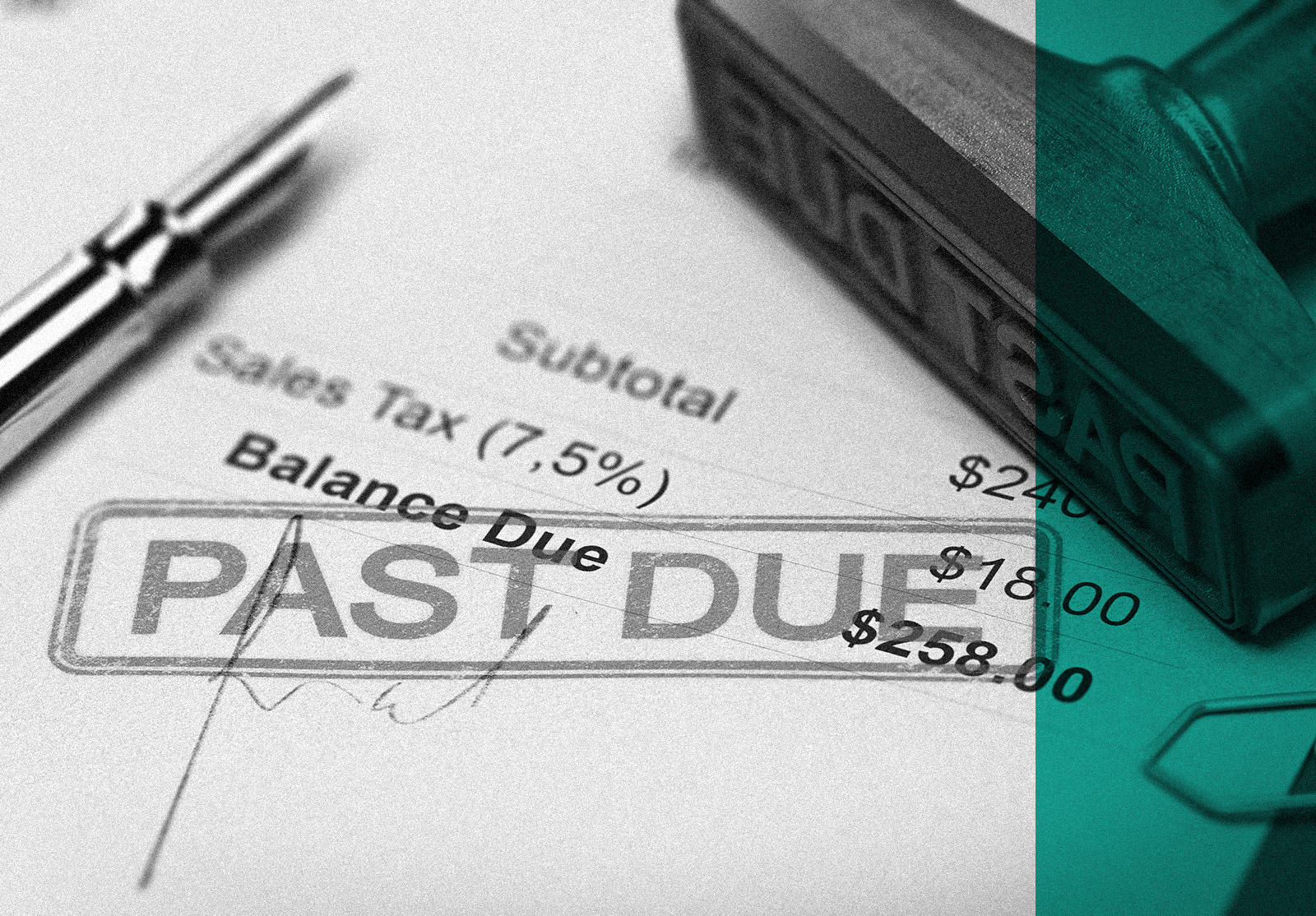 Rubber stamp with the text past due over an invoice document