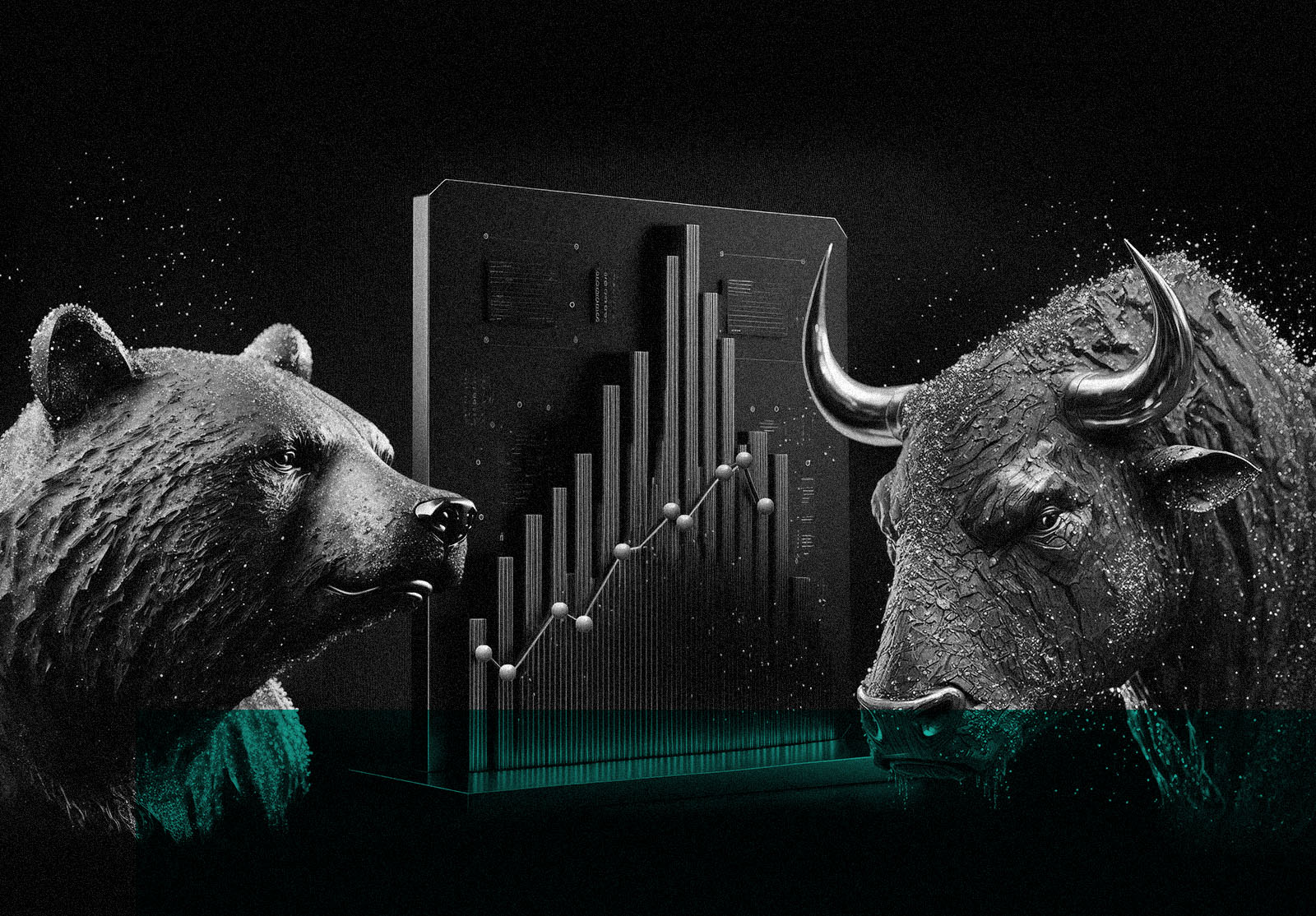 An abstract closeup of a stylized bull and a bear