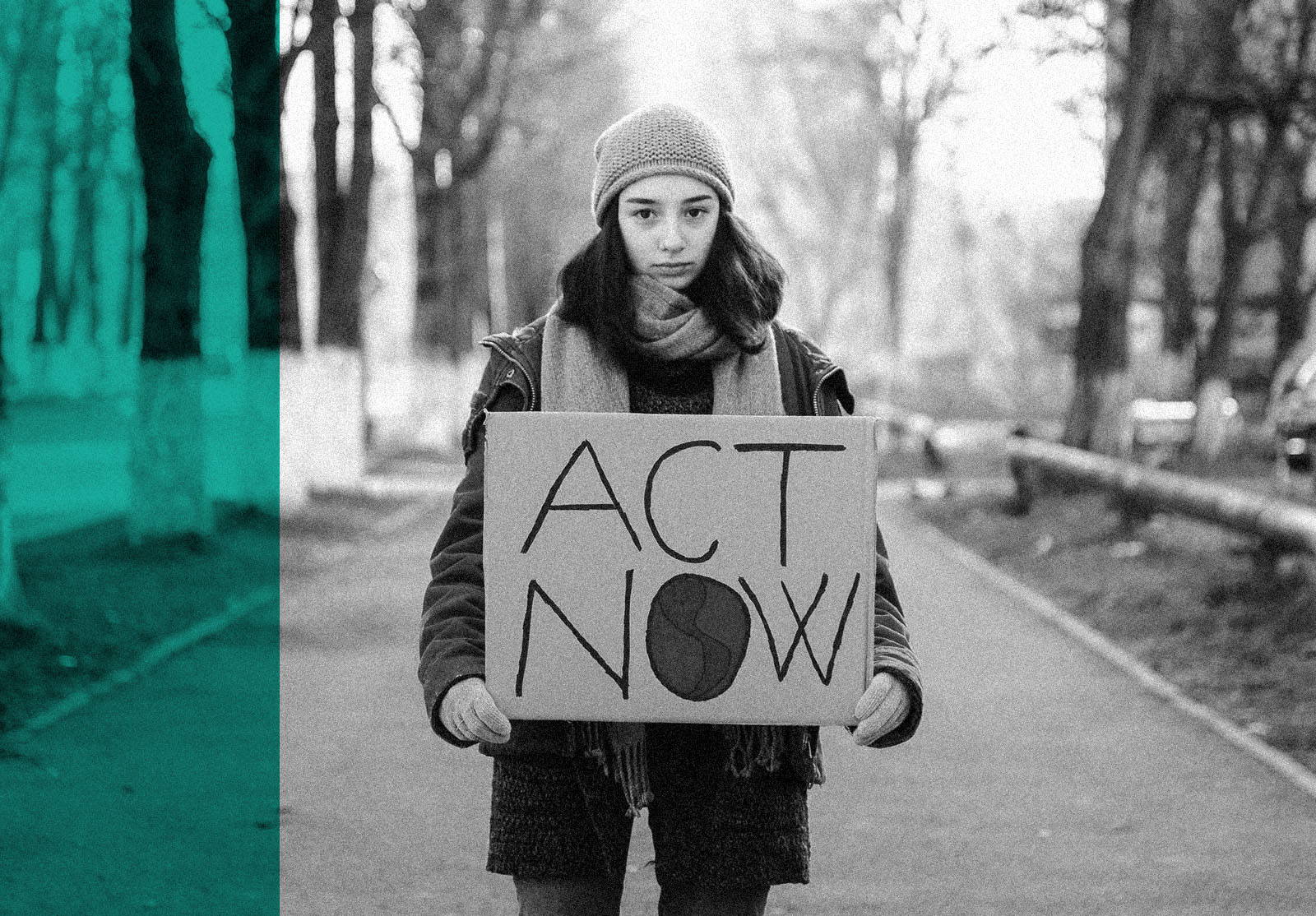 Portrait of a young teenage girl activist holding a sign protesting climate change and global warming.