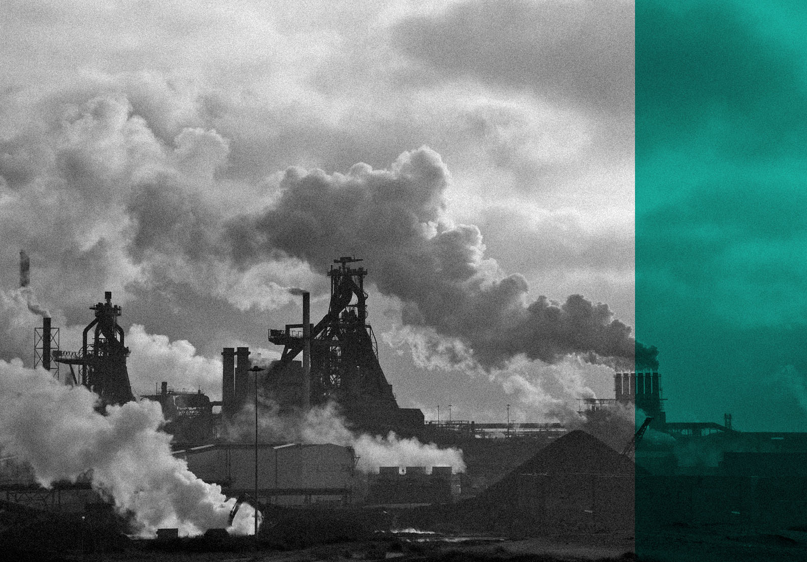 Lots of smoking chimneys in a dark environment