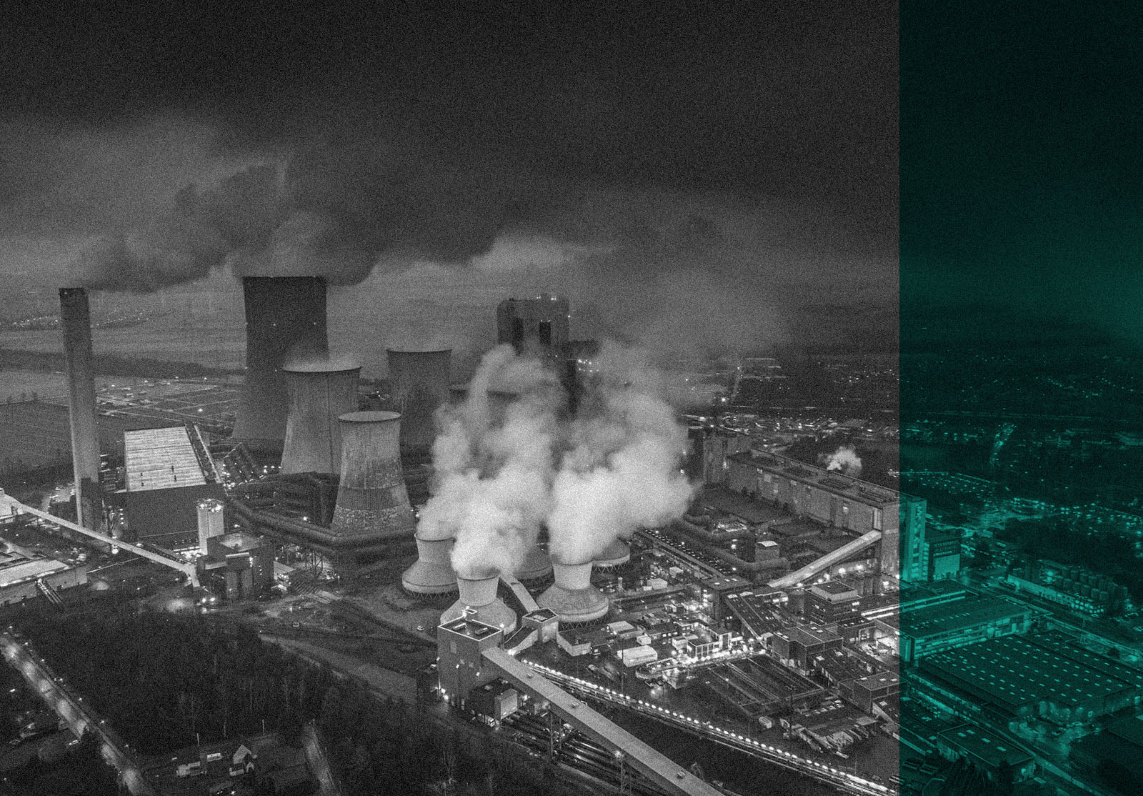 Aerial view of emissions rising from the cooling towers of a lignite fired power station