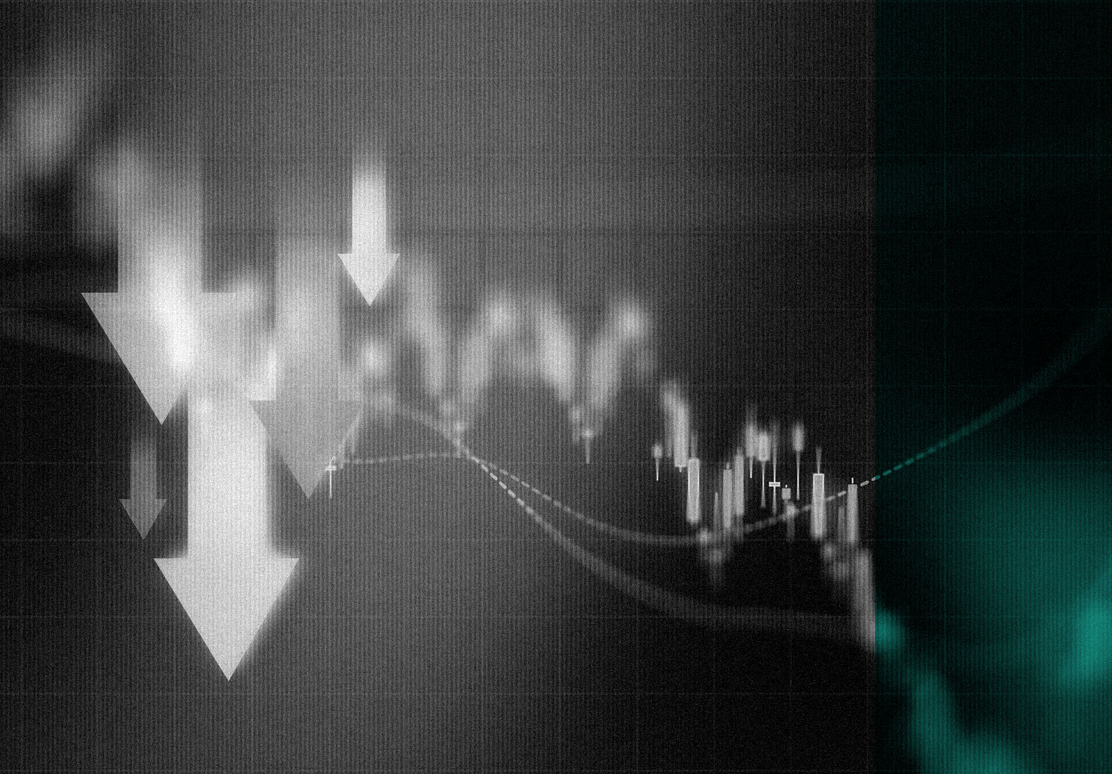 Down arrows over financial graph background.