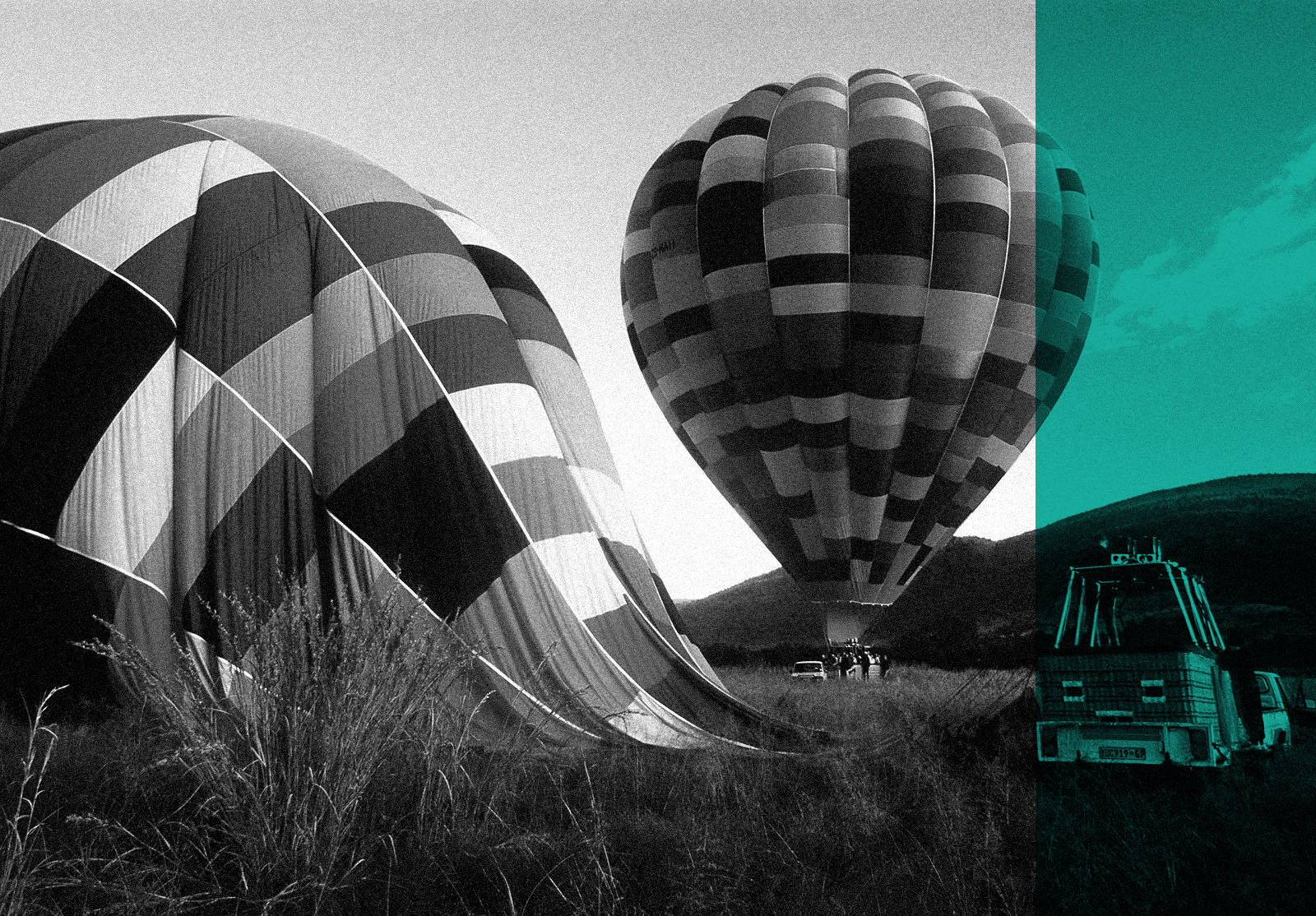 Balloons, one inflating with a flying basket next to one deflating.