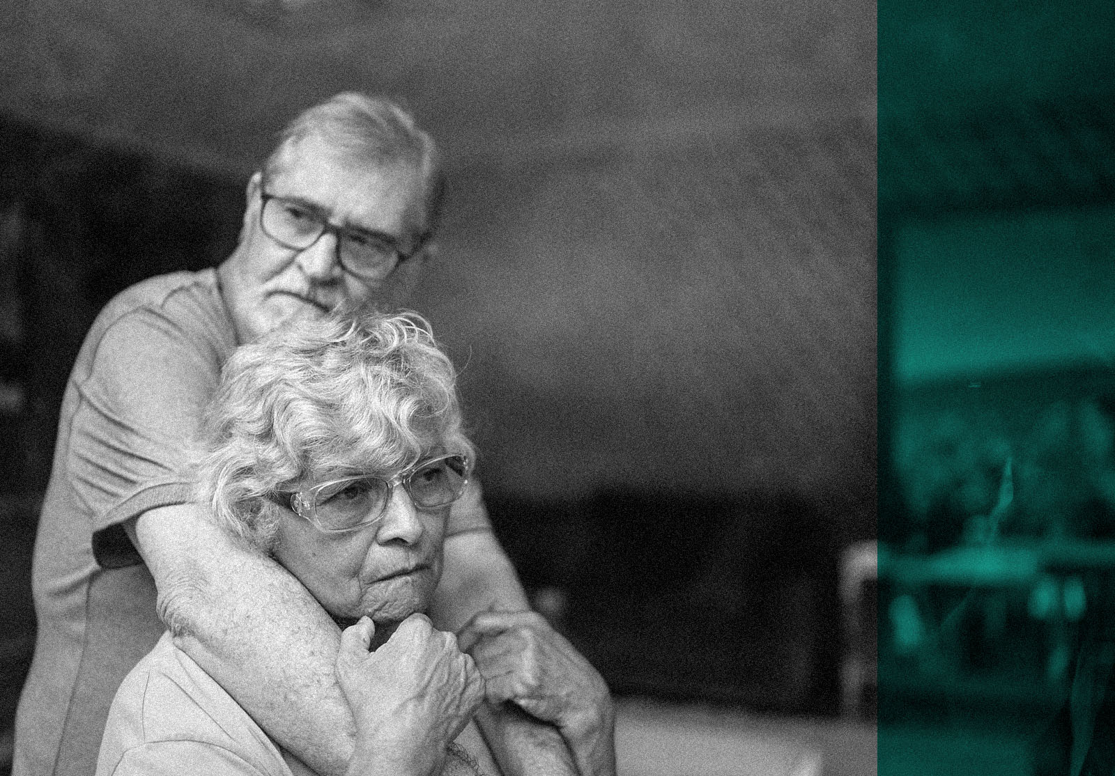 Worried contemplative senior couple at home