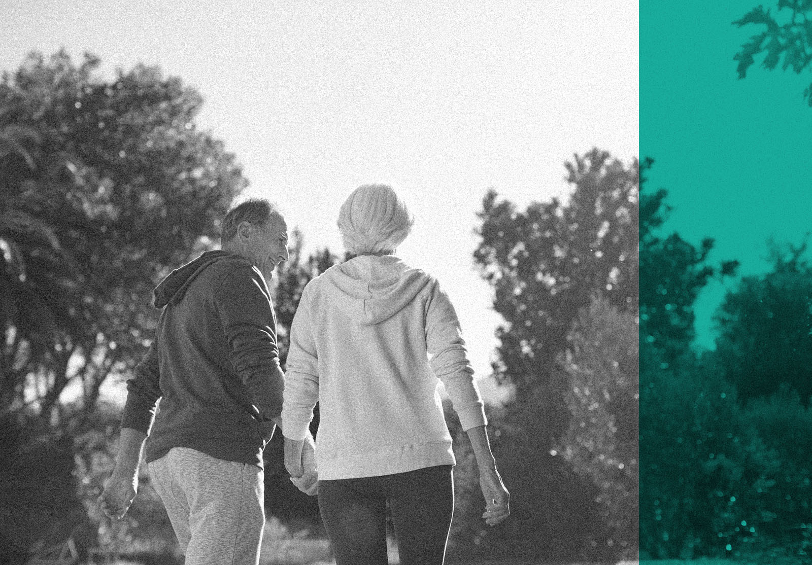 Senior couple holding hands and walking in park
