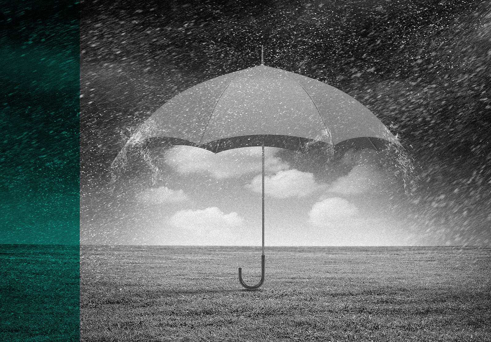 Conceptual image with color umbrella in sky under rain