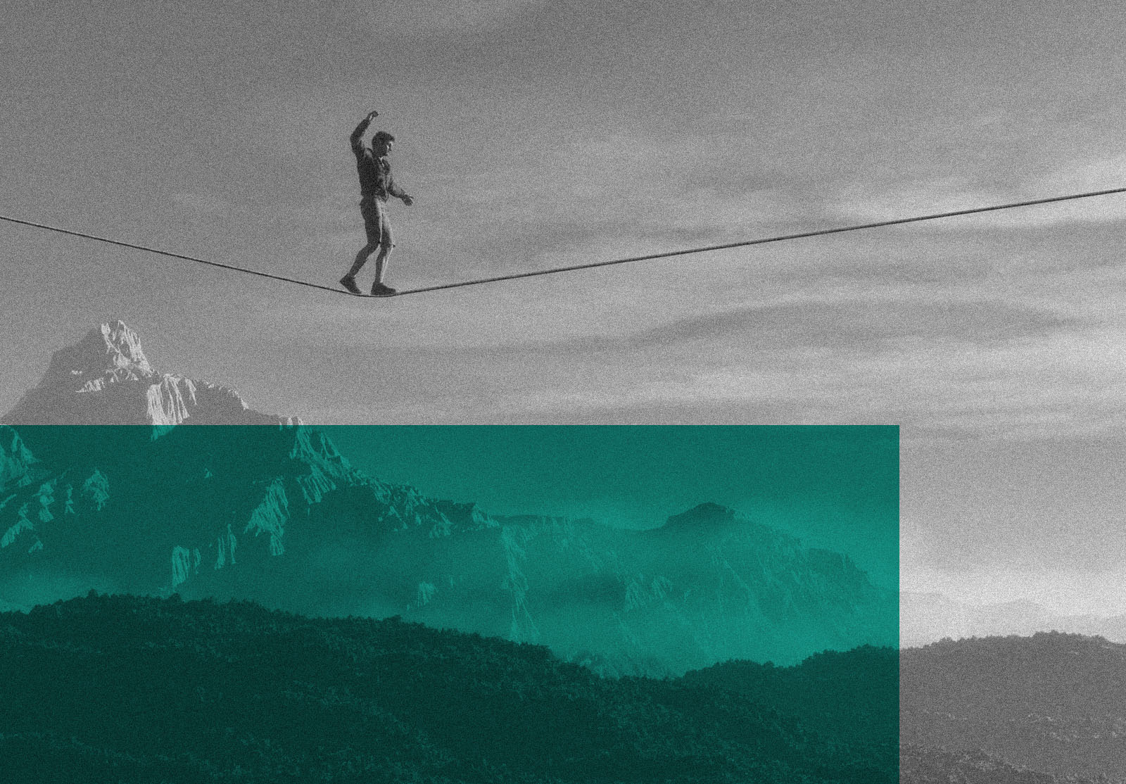 Young man walking in balance on the rope over the mountains. This is a 3d render illustration