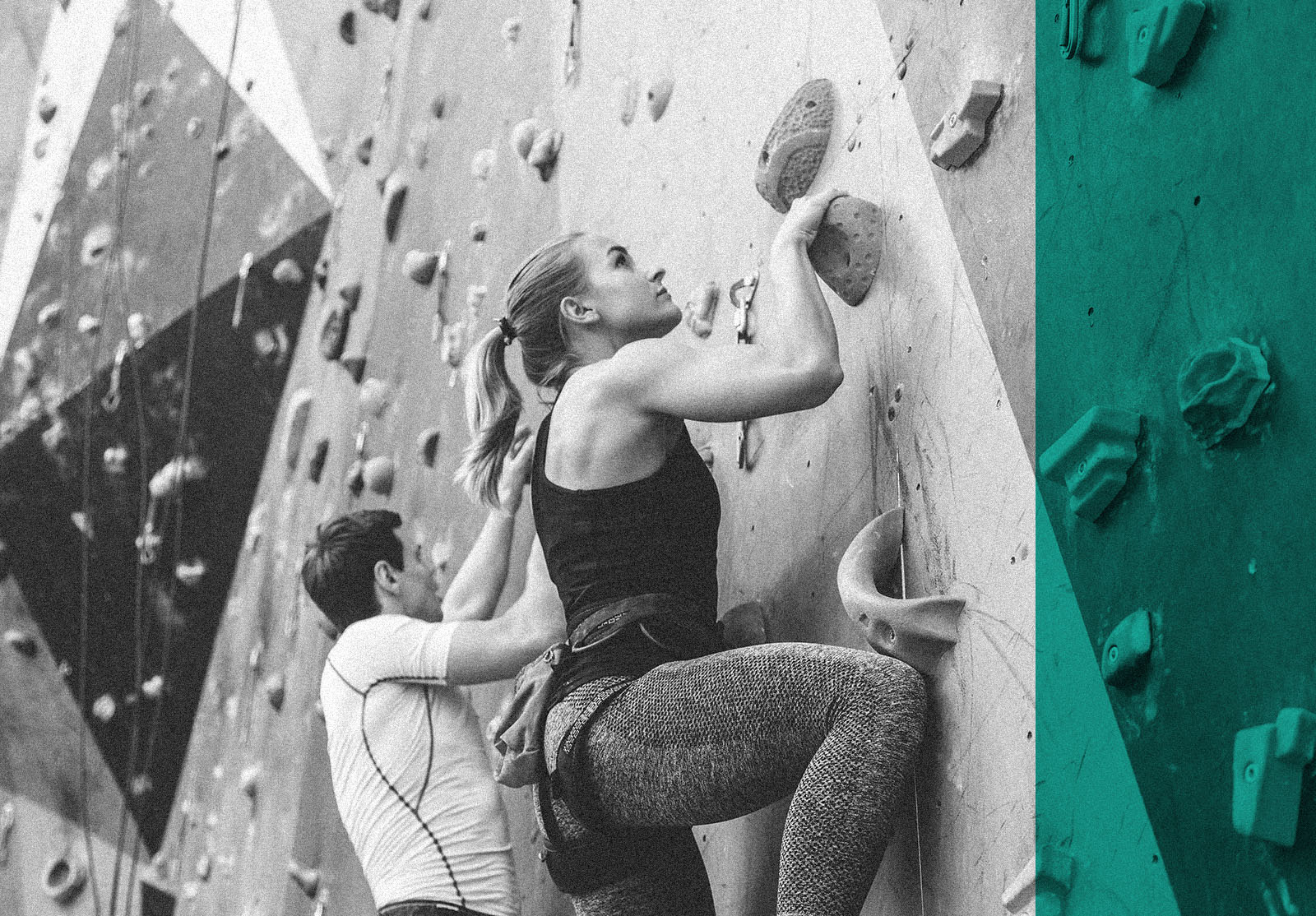 couple of athletes climber moving up on steep rock, climbing on artificial wall indoors. Extreme sports and bouldering concept.