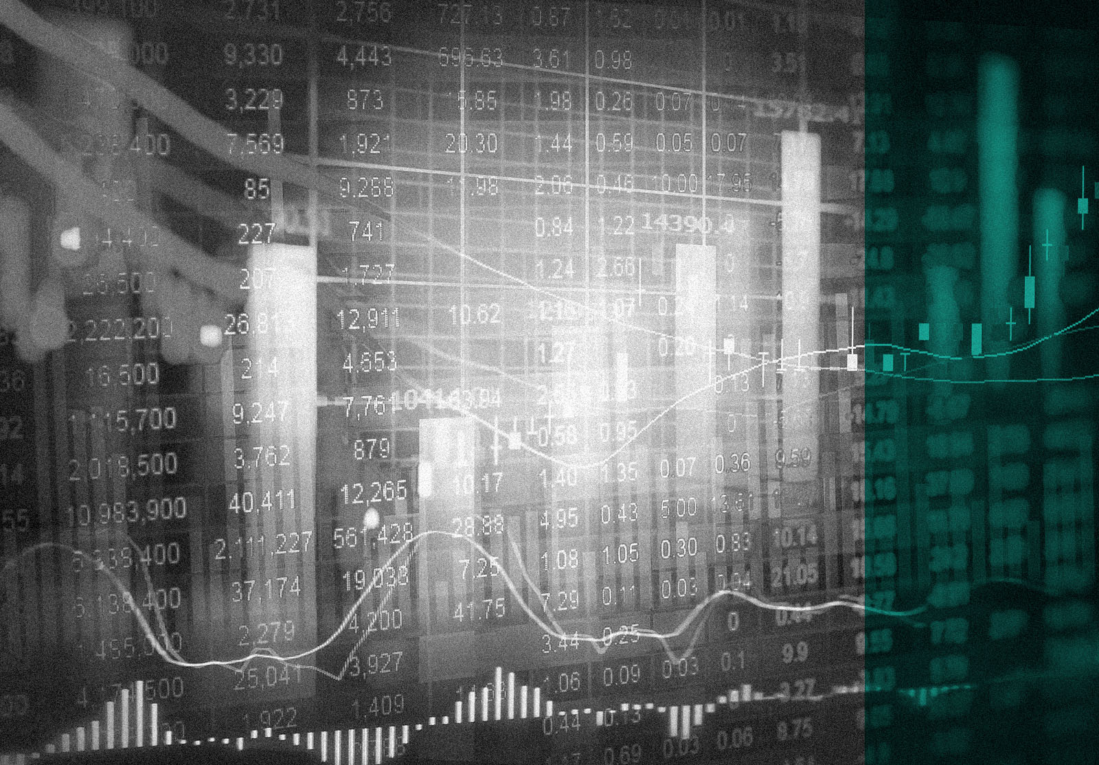 Stock market indicator and financial data view from LED. Double explosure financial graph and stock indicator including stock education or marketing analysis. Abstract financial indicator background.