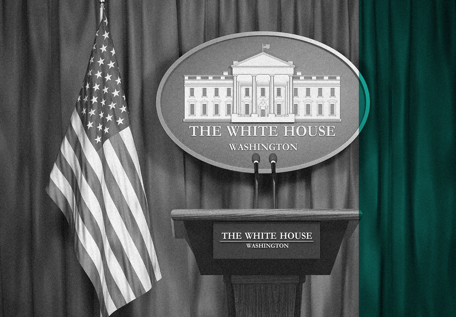 Politics of White House and President of USA United states concept. Podium speaker tribune with USA flags and sign of White House. 3d illustration