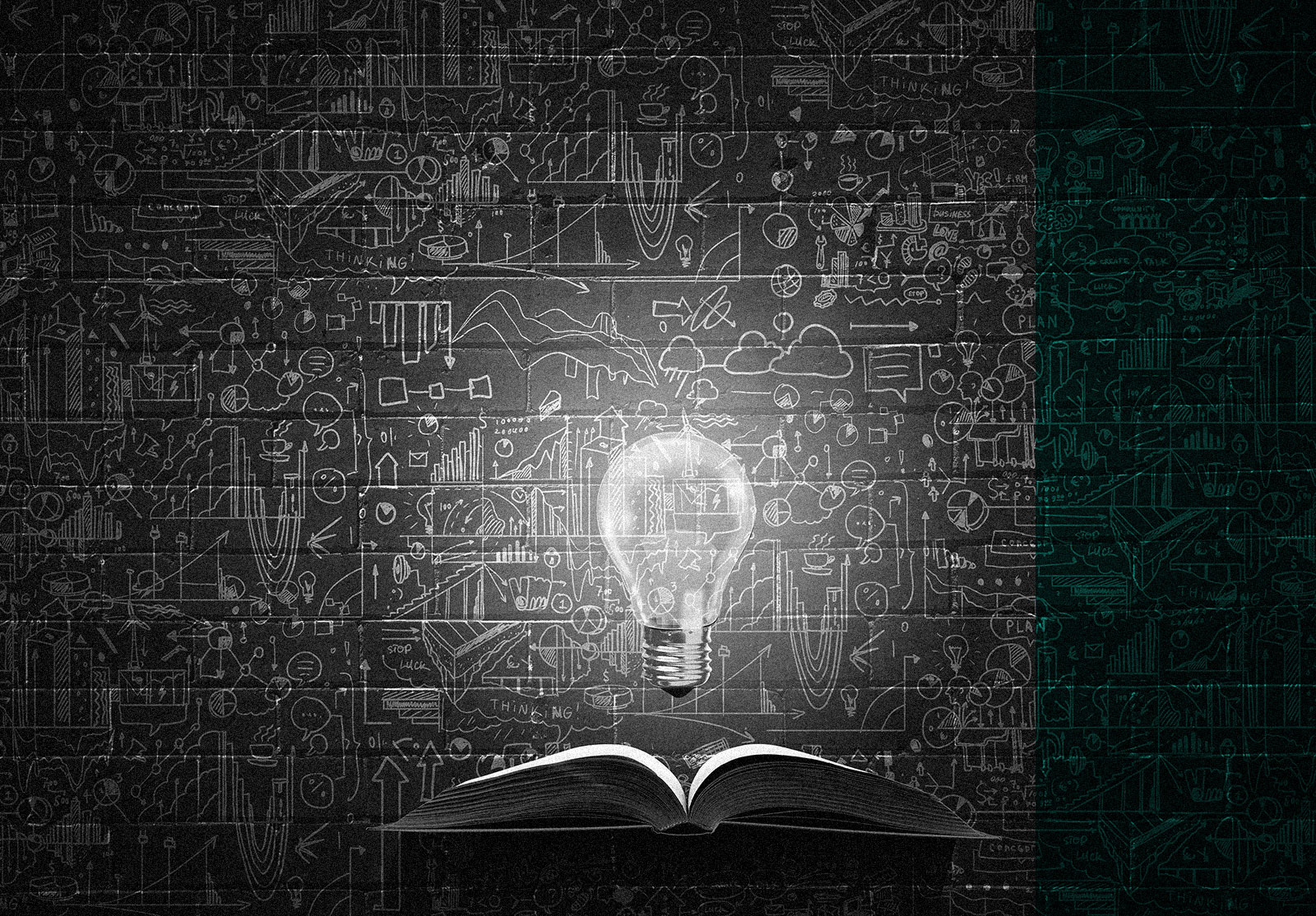 Idea lightbulb coming out of book with blackboard designs behind