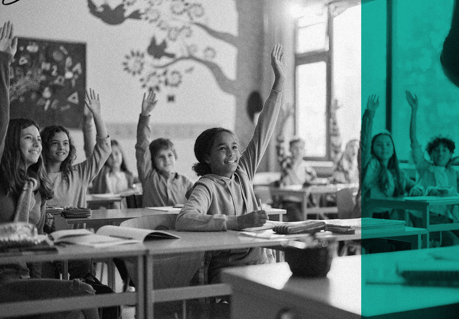 Group of happy kids in classroom
