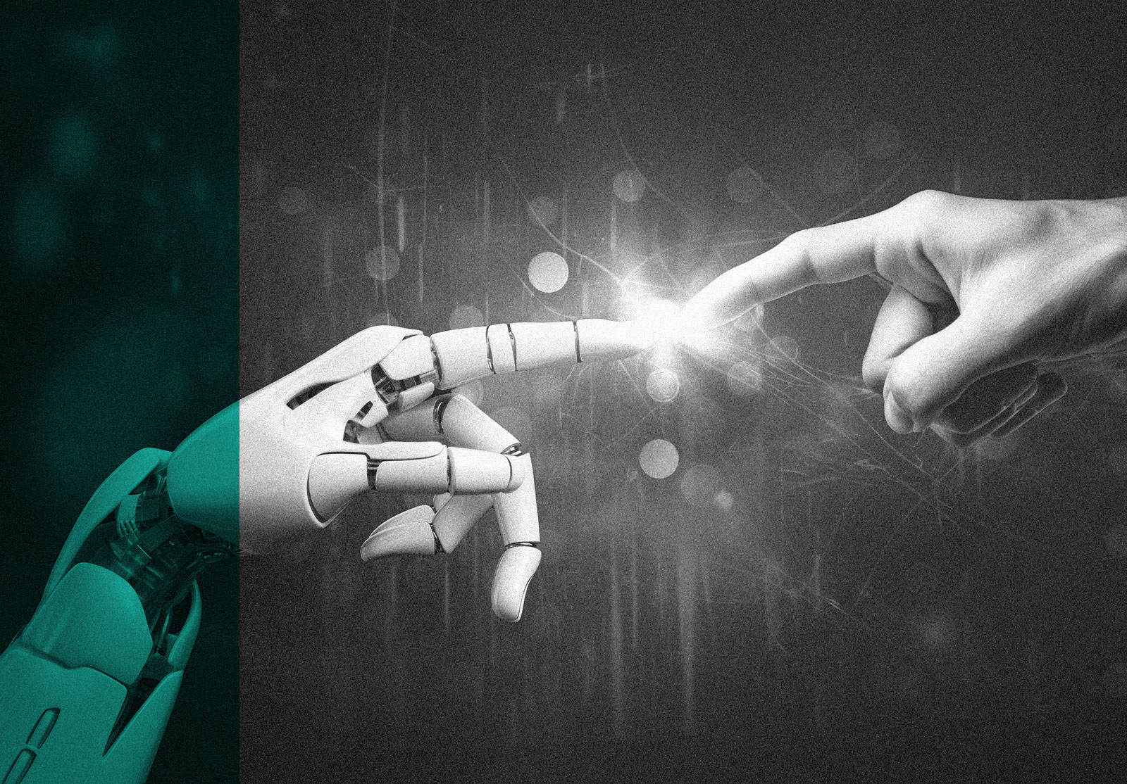 AI, Artificial intelligence, robot and human hands are touching and connecting, unity with human and ai concept, machine learning and futuristic technology background