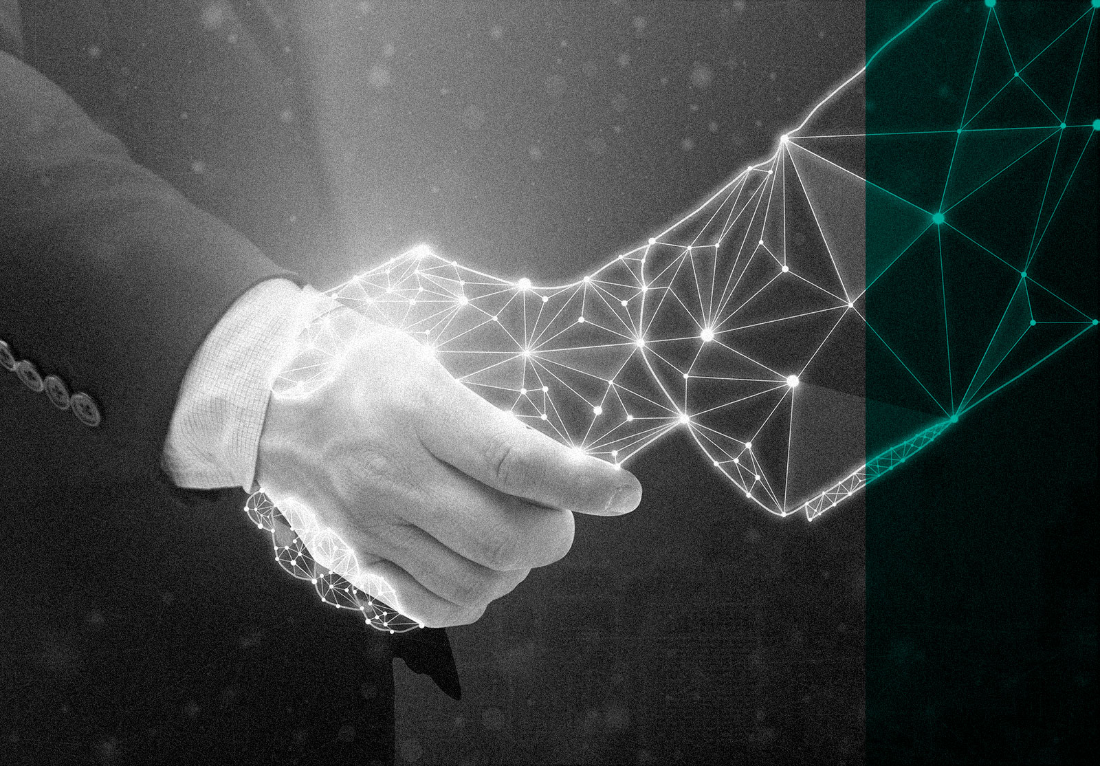 Businessperson shaking hand with digital partner over futuristic background. Artificial intelligence and machine learning process for 4th industrial revolution.