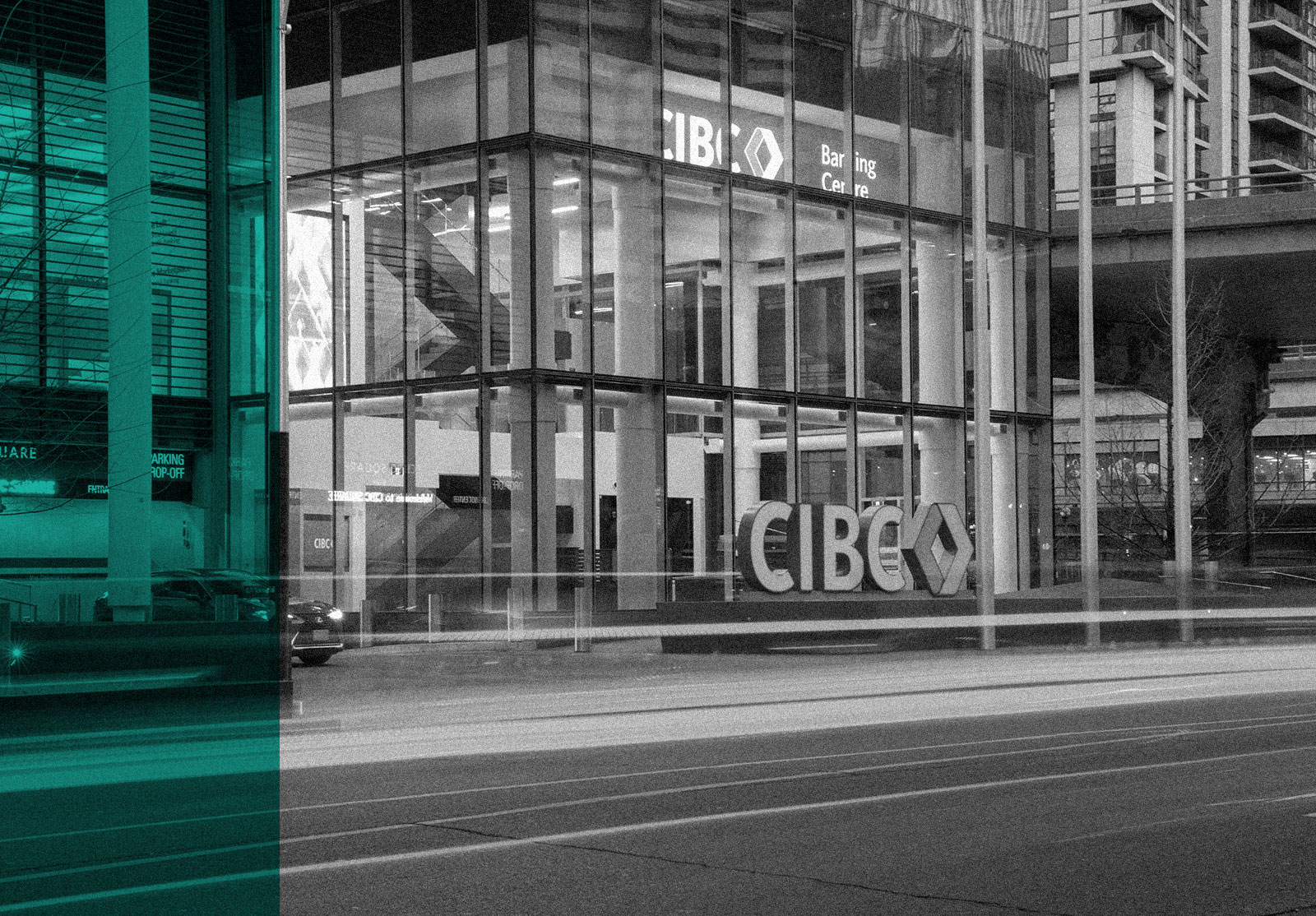 CIBC Sign Street Level on Bay Street in the evening
