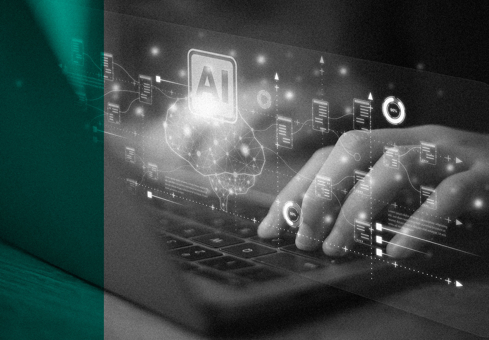 AI Artificial Intelligence technology graphic with hand typing on laptop