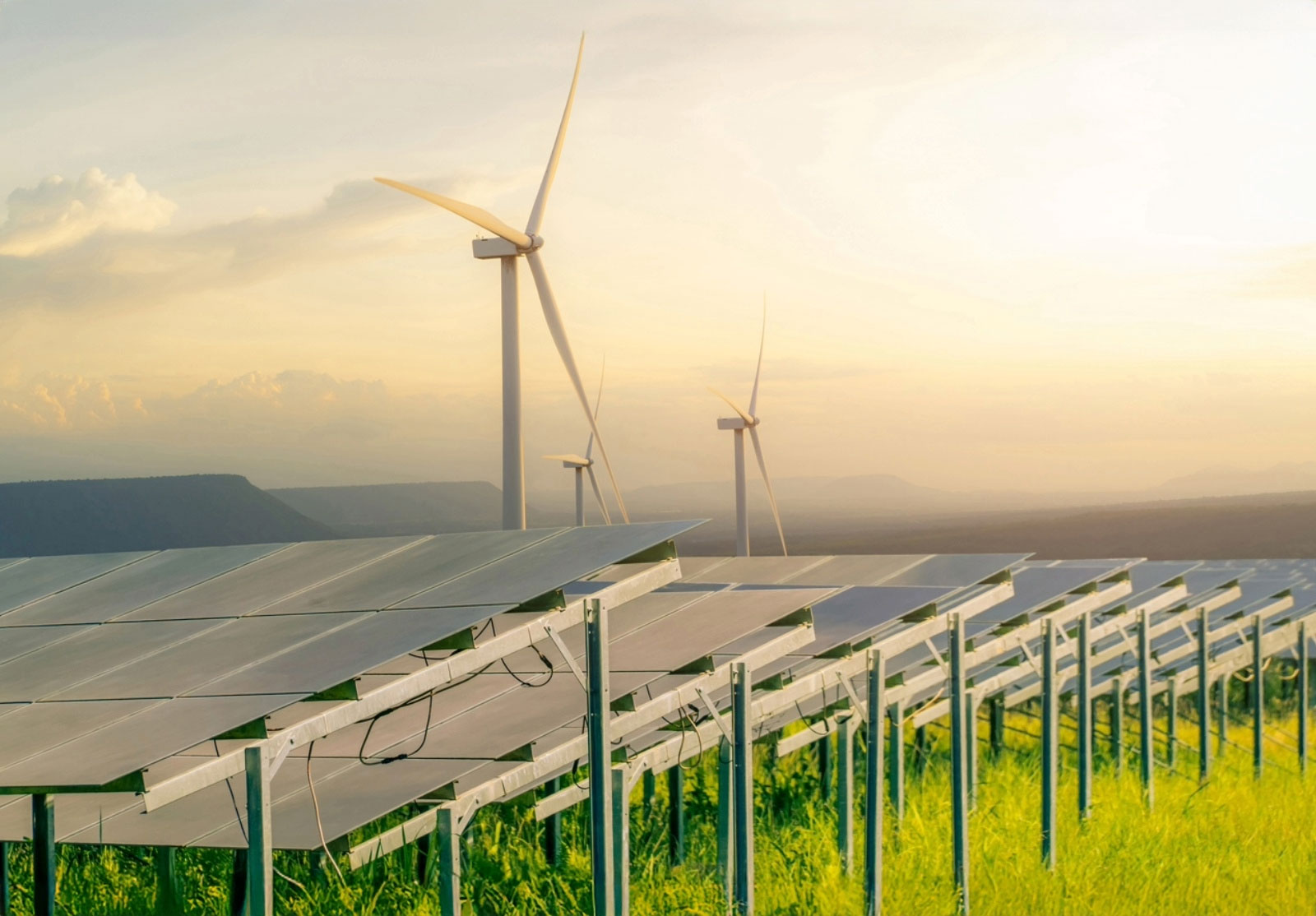 Image of solar and wind turbines farm, in a green field, representing sustainable energy and resources.