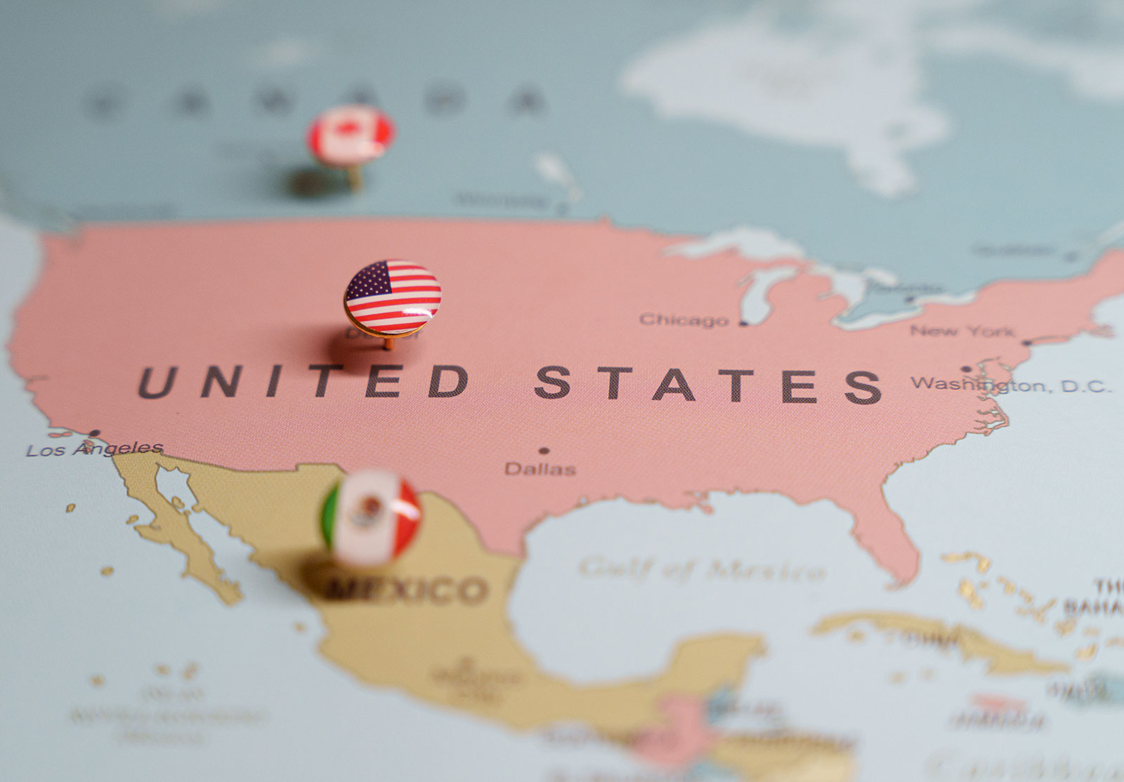 United States, Canada and Mexico on a map