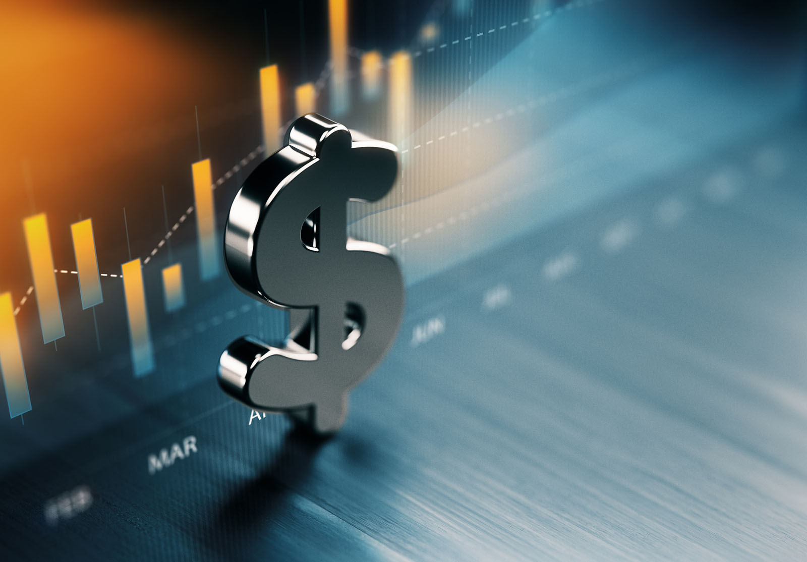 American Dollar Symbol Standing On Wood Surface In Front Of A Graph