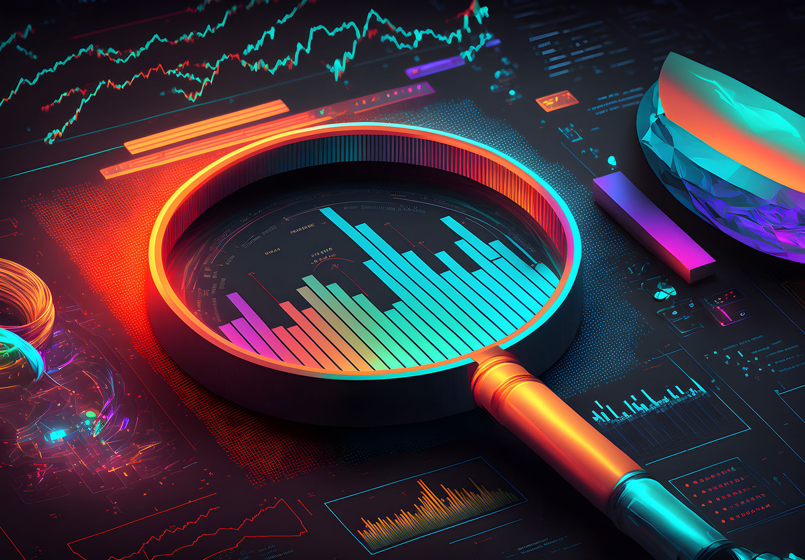 neon style magnifying glass with bar chart, pie chart and document