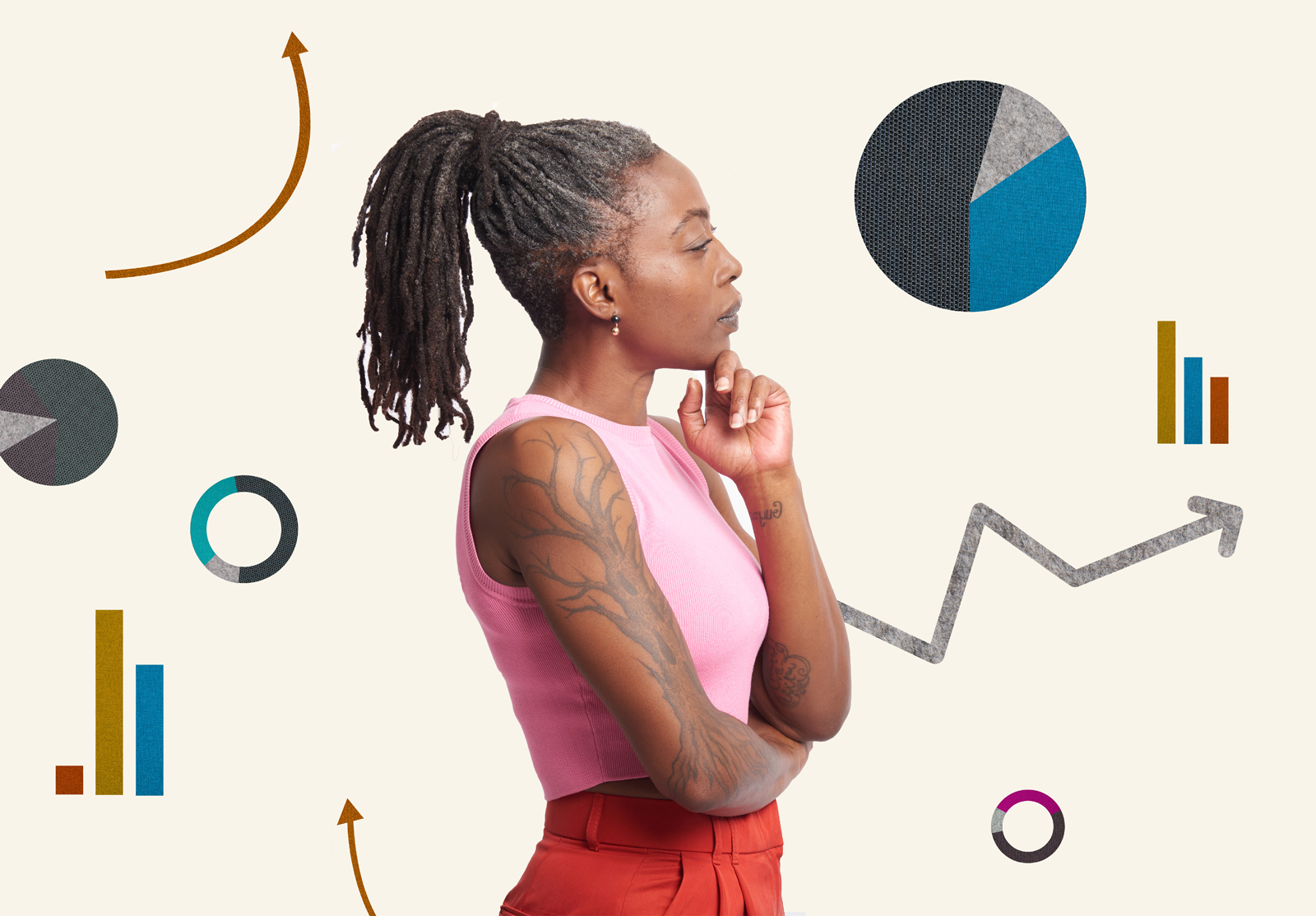 Woman with crossed arms, thinking, with graphs superimposed in the background