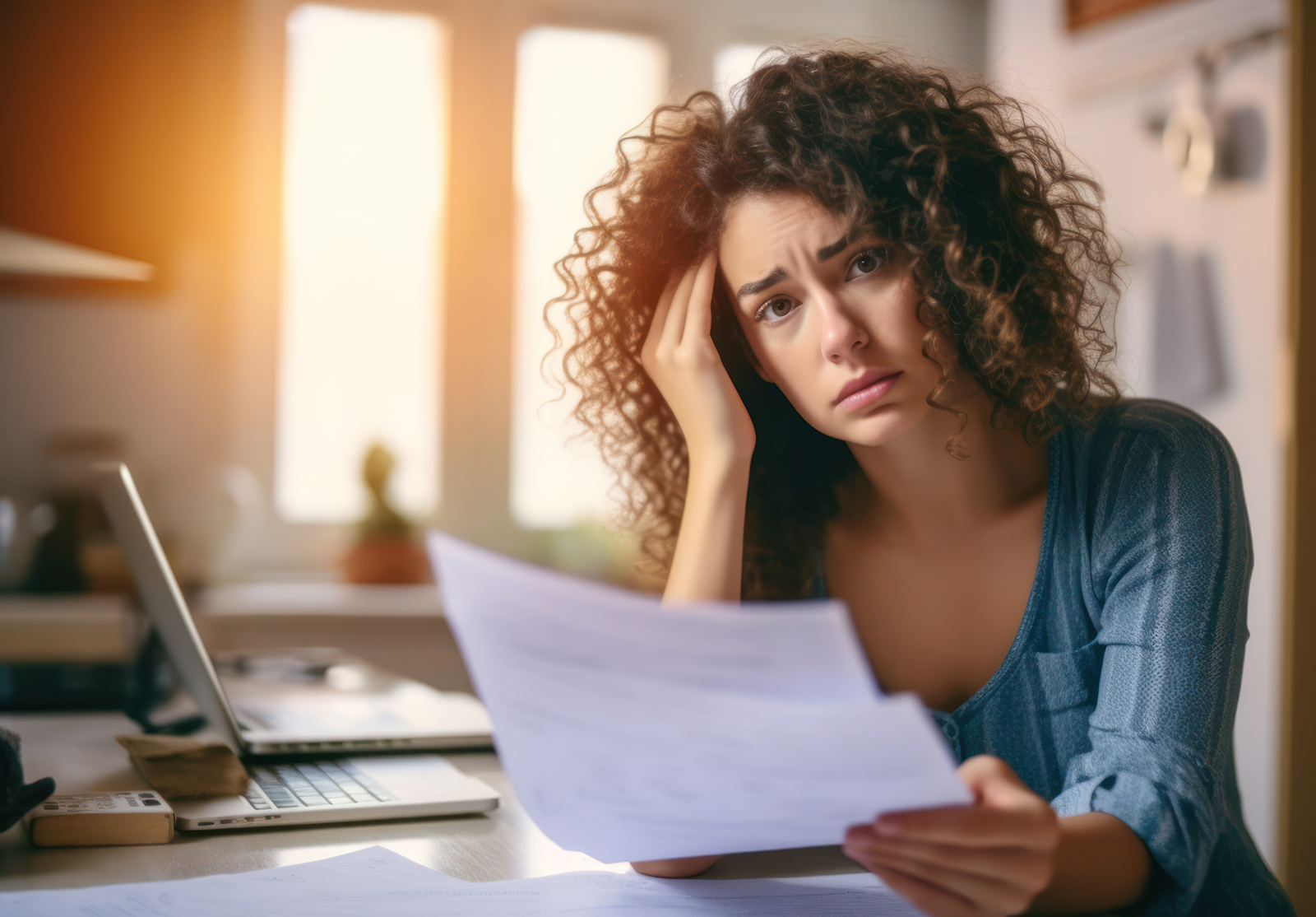 Stressed young woman reviewing her bills, reflecting financial s