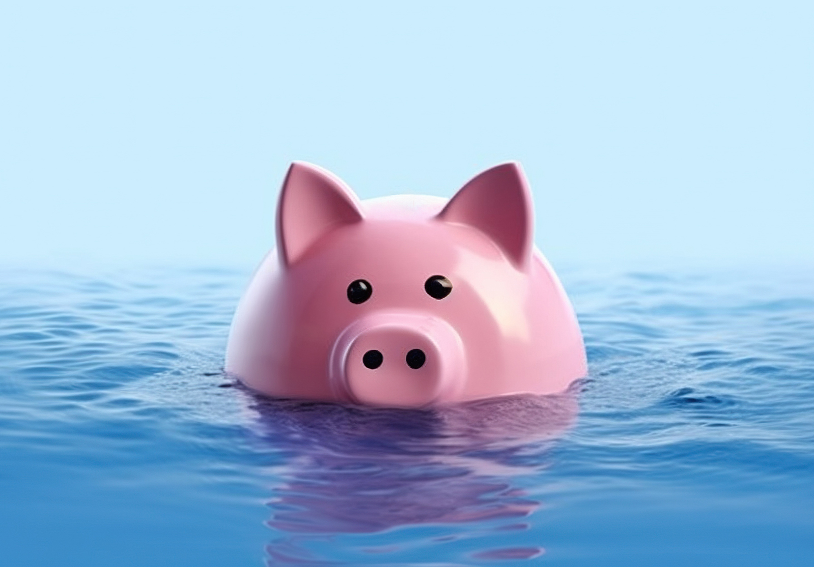 Piggy bank drowning in debt, concept of bankruptcy and losing money