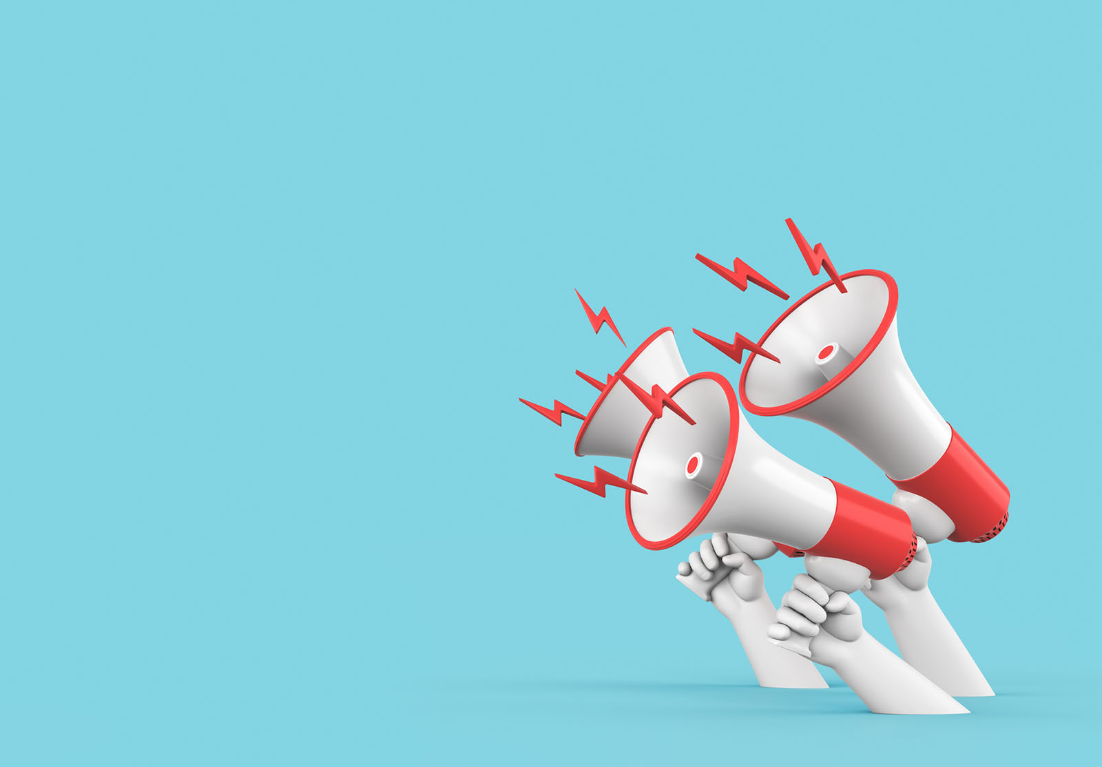 Megaphone in white male hand on Turquoise background, Red and White color