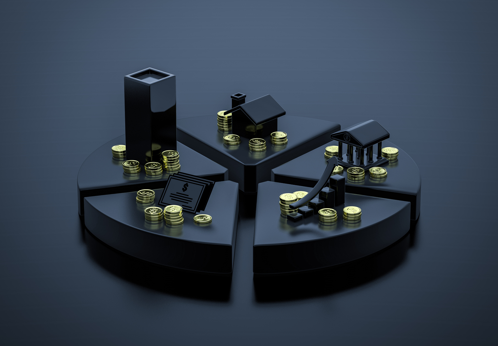 Circle chart showing different areas of investment on a black background.