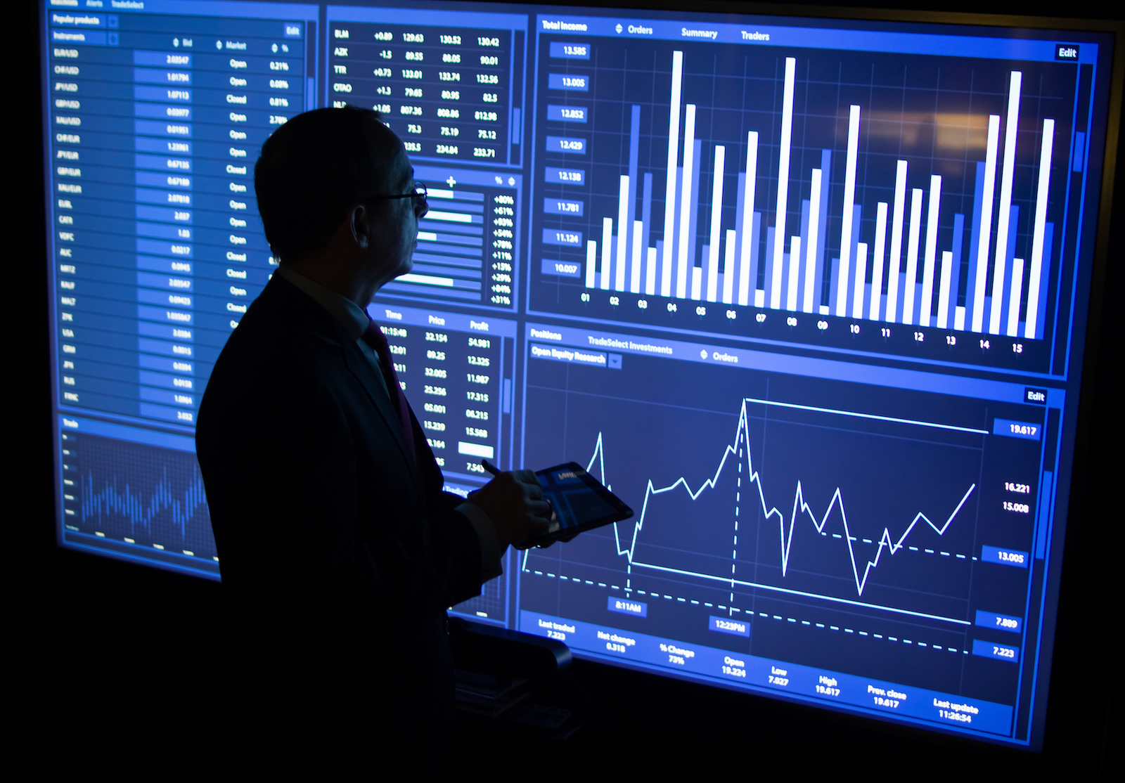 Stock exchange worker analyzing charts alternate text for this image