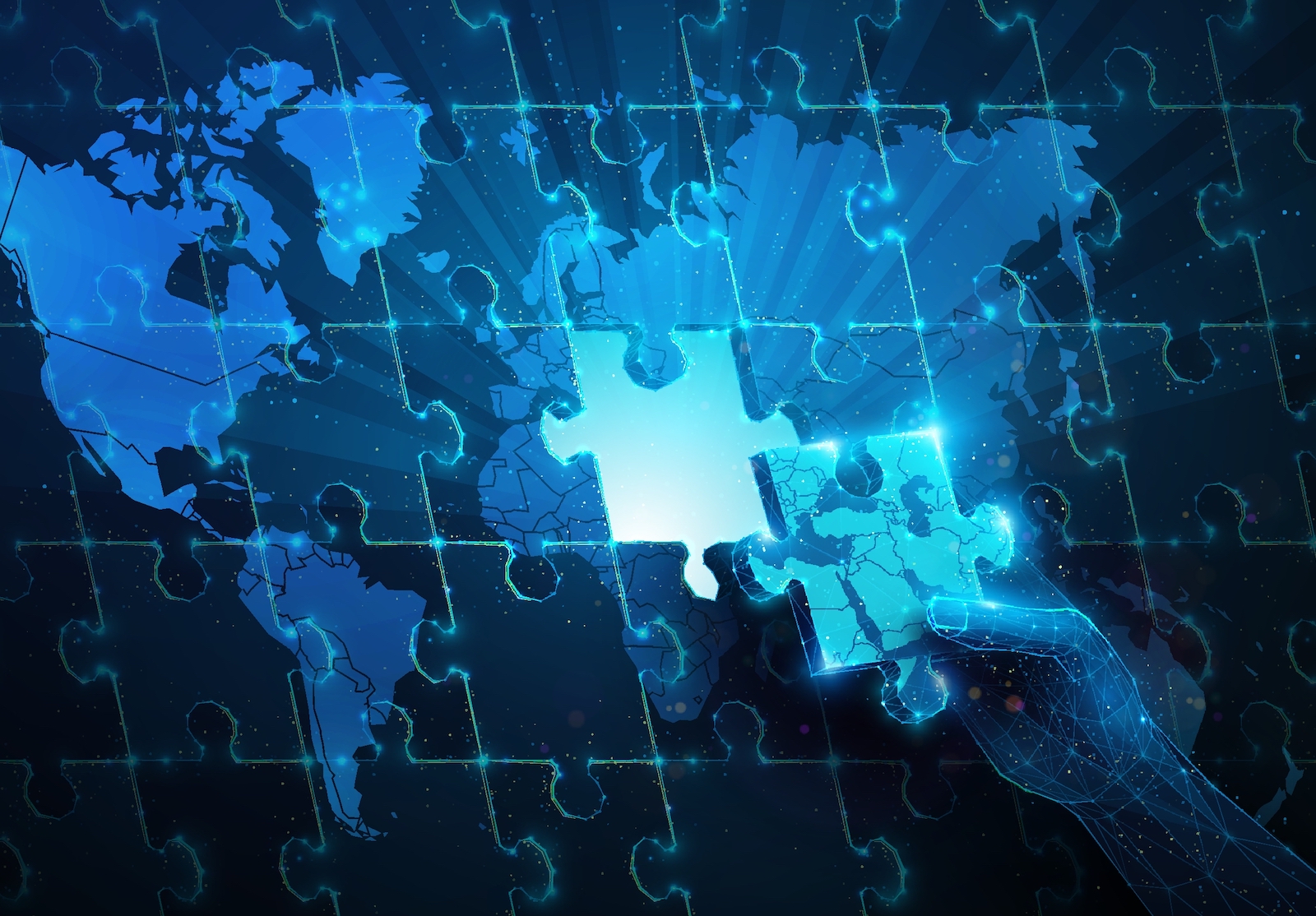 Lowpoly Hand Resolve Middle East Crisis World Map Puzzle. Abstract geometric illustration on geopolitical synergy partnership, global crisis management concept by wireframe mesh on blue background alternate text for this image