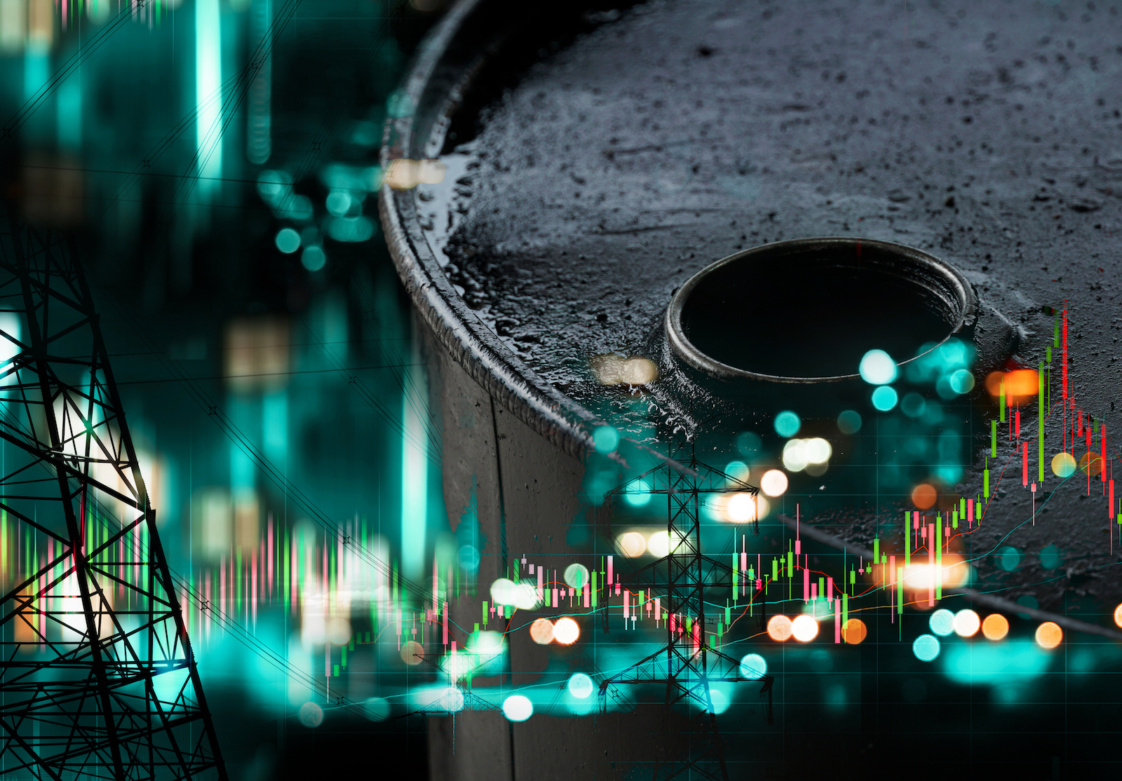 oil and electricity industry with market stock graph energy city business background alternate text for this image