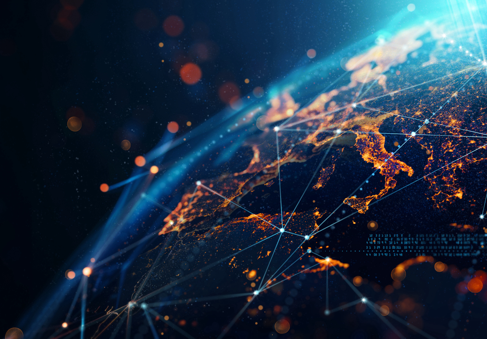 dynamic digital world map emphasize Western Europe continental  for AI powered global network and connectivity big data transfer and cyber technology network information exchange and telecommunication concept. alternate text for this image