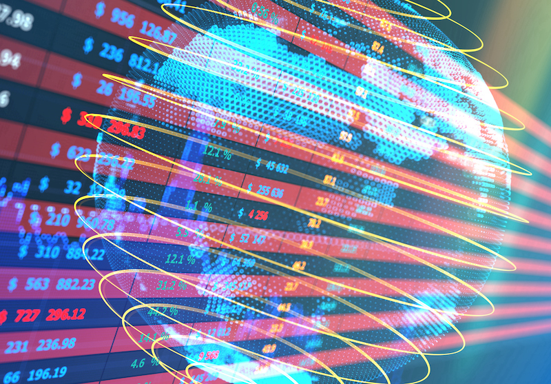 Stock market data displayed on a digital screen. Financial market concepts, investment, and trading analysis. Global business alternate text for this image