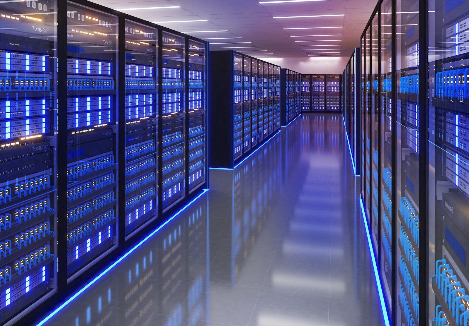 Shot of Data Center With Multiple Rows of Fully Operational Server Racks. Modern Telecommunications, Artificial Intelligence,server room,3d rendering alternate text for this image