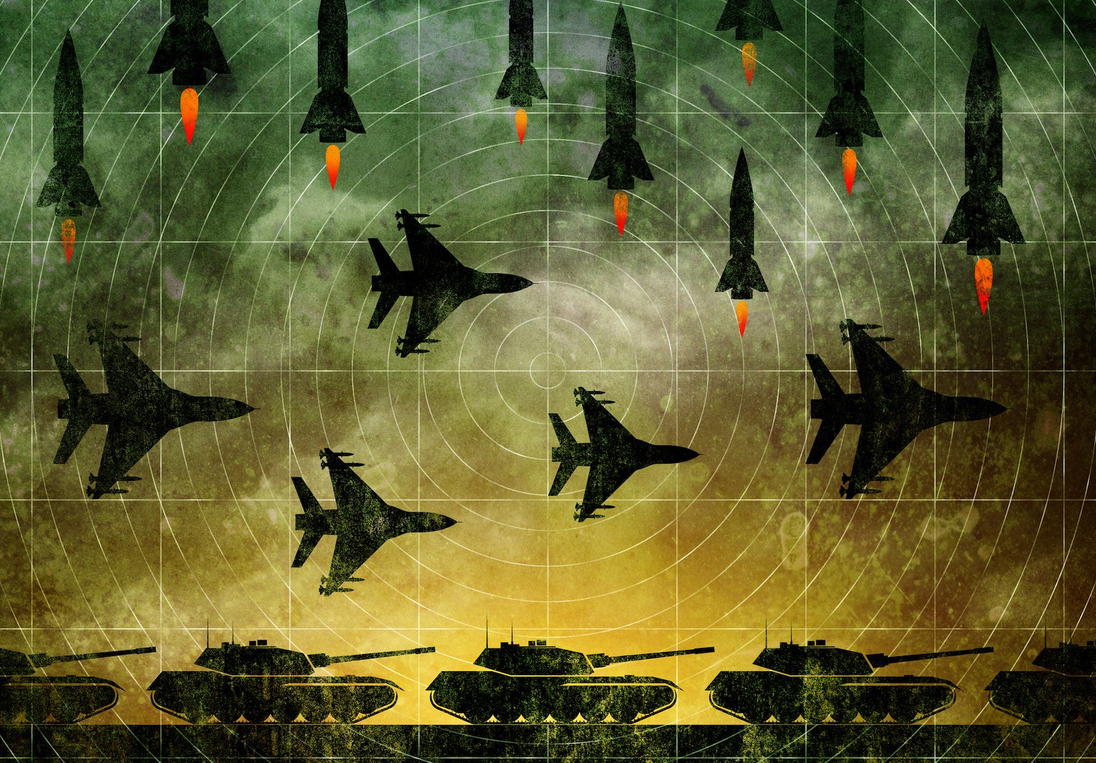 Military warfare and global conflict concept featuring coordinated missile strike with fighter jets and armored tanks under radar surveillance grid alternate text for this image
