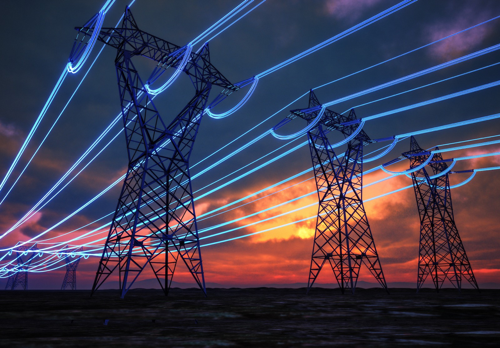 High-Voltage Power Lines at Sunset with Digital Energy Flow alternate text for this image