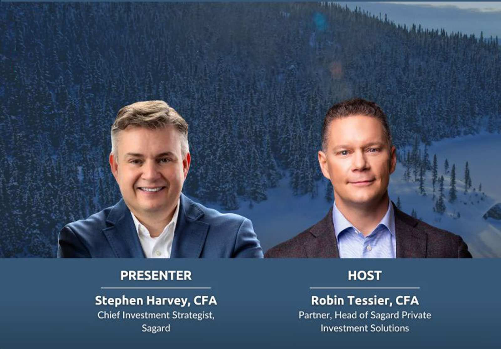 Mountainous winter background with headshots of presenter and moderator