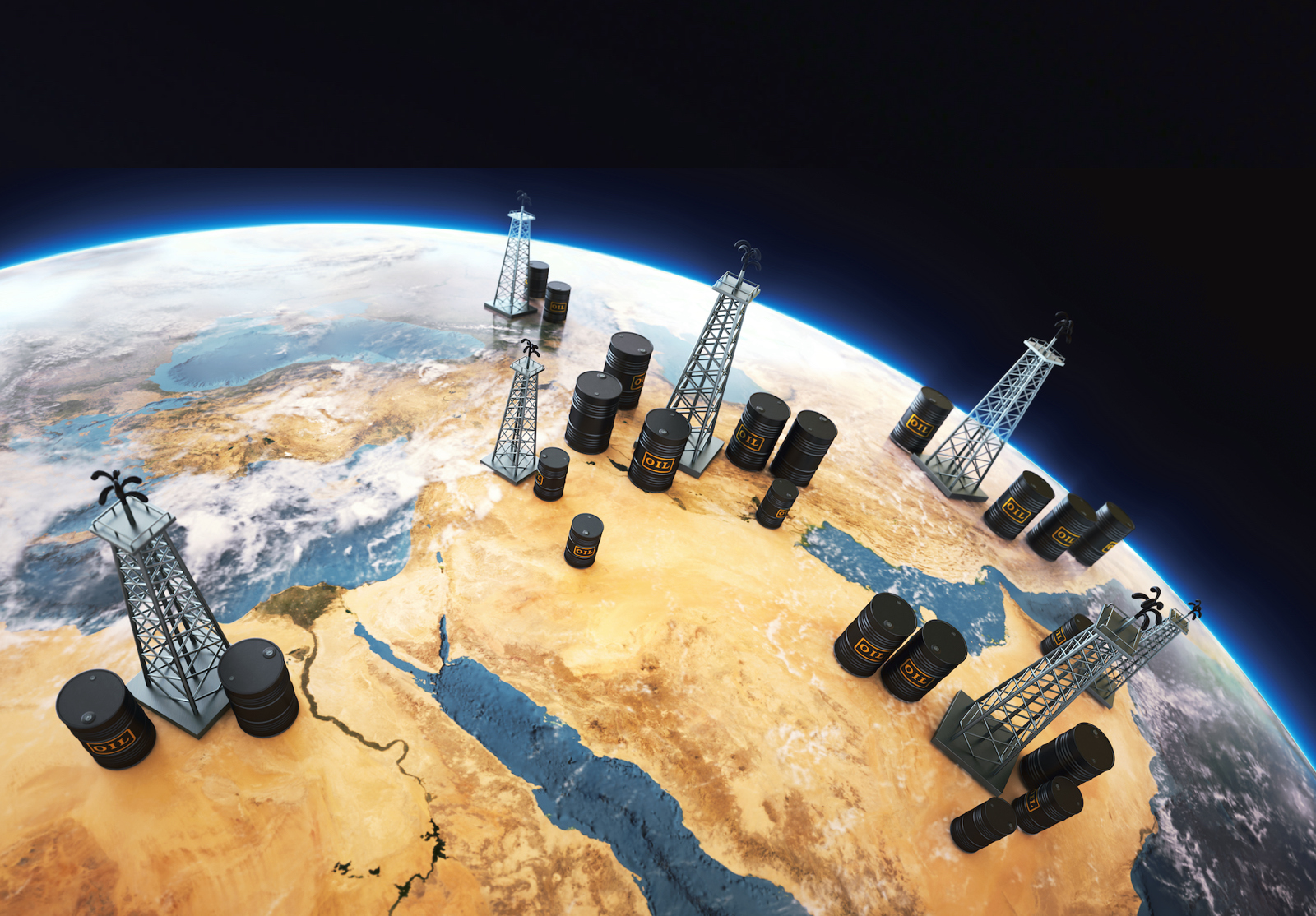World globe Middle east, with oil barrels and drilling towers alternate text for this image
