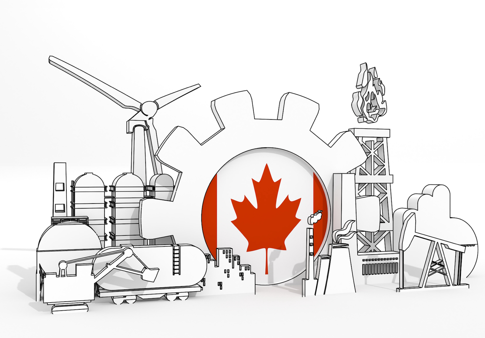 Energy and power industrial concept. Industrial icons and gear with flag of Canada. 3D Render alternate text for this image