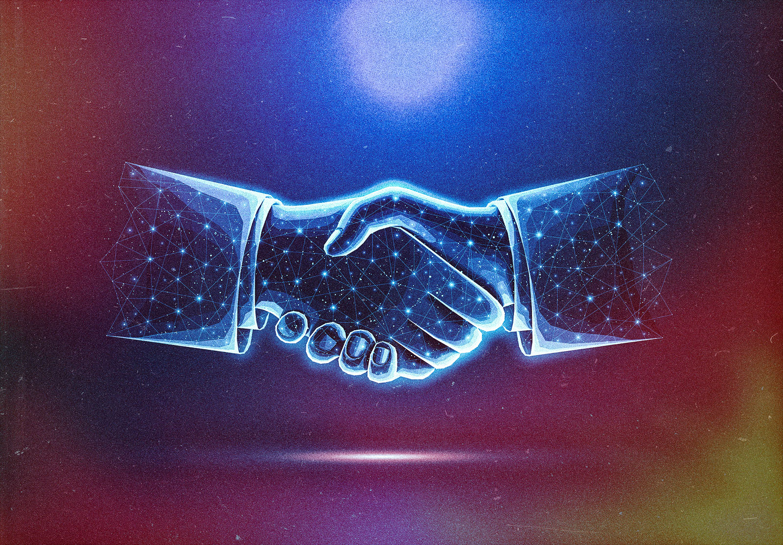 Digital handshake between two glowing, futuristic hands made of network lines on a blue-purple background.